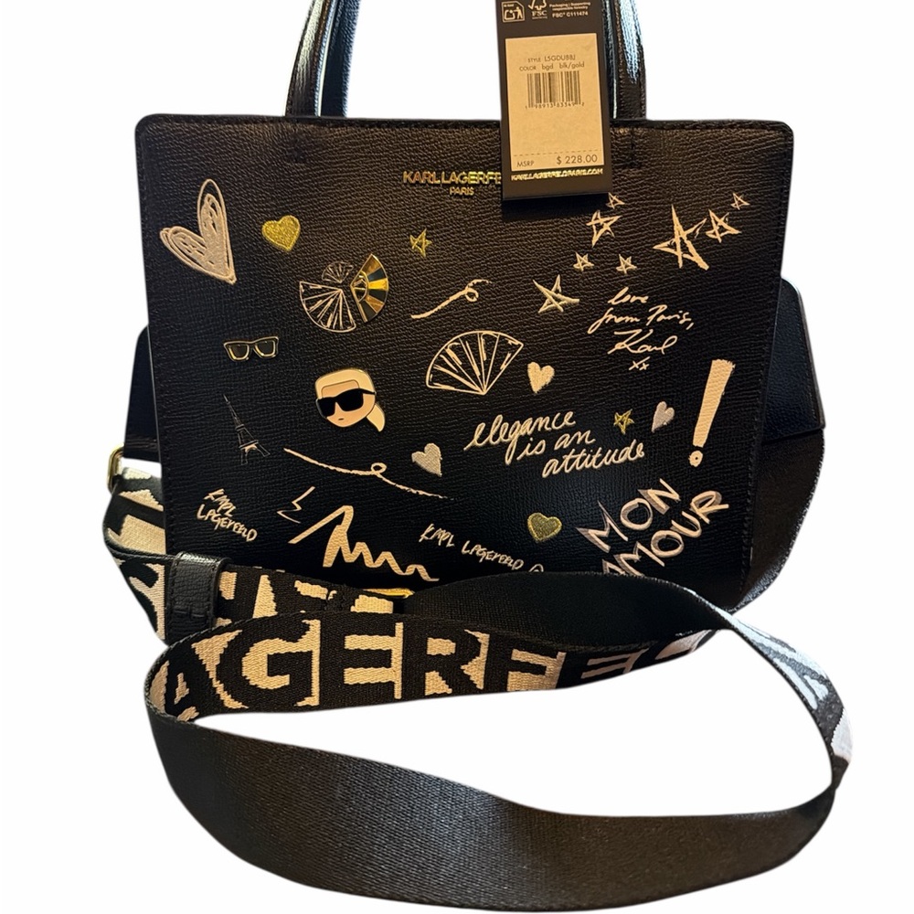 Karl Lagerfeld Black Graphic Tote with White Logo Strap